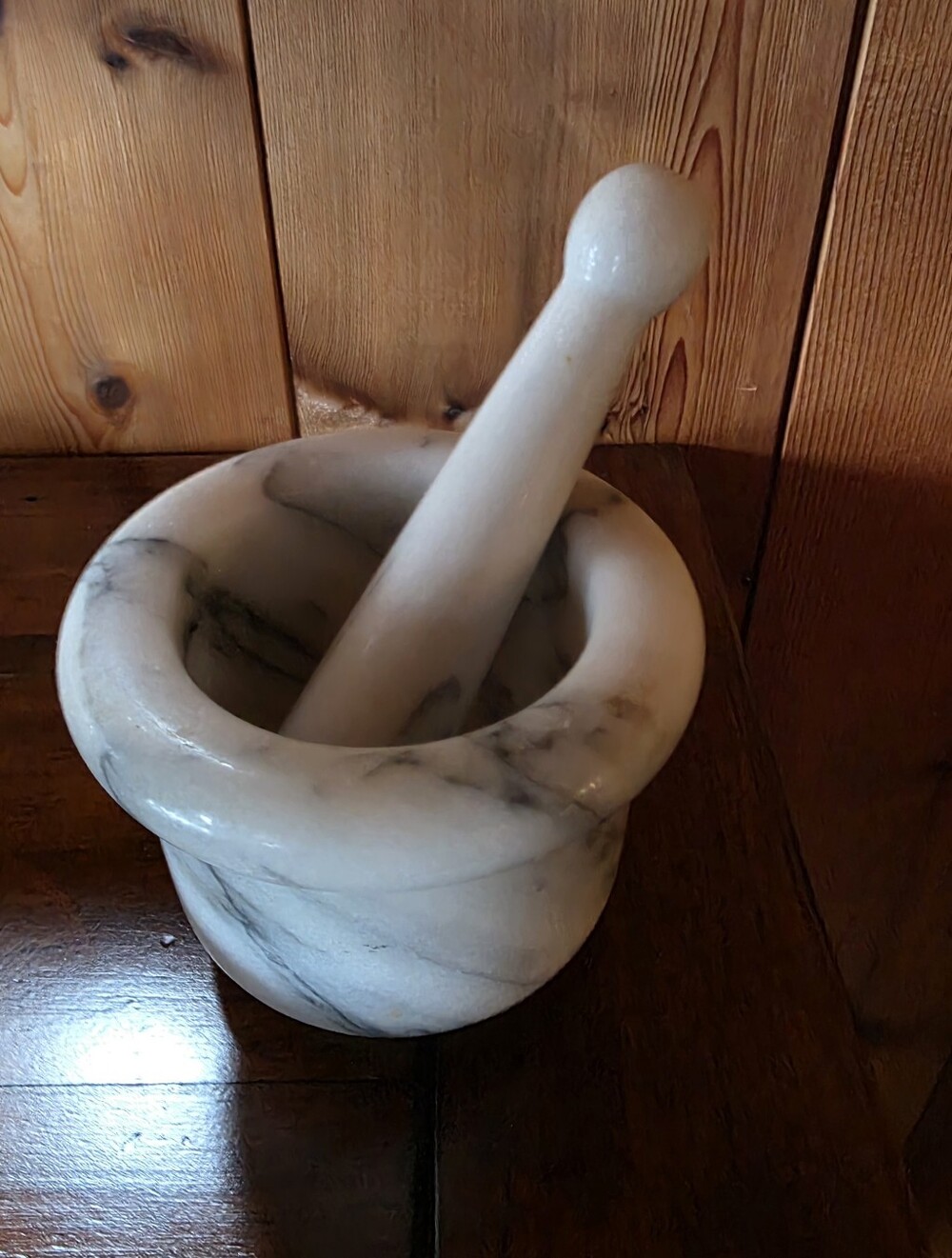 White Marble Mortar & Pestle Bowl with Gray Veining.